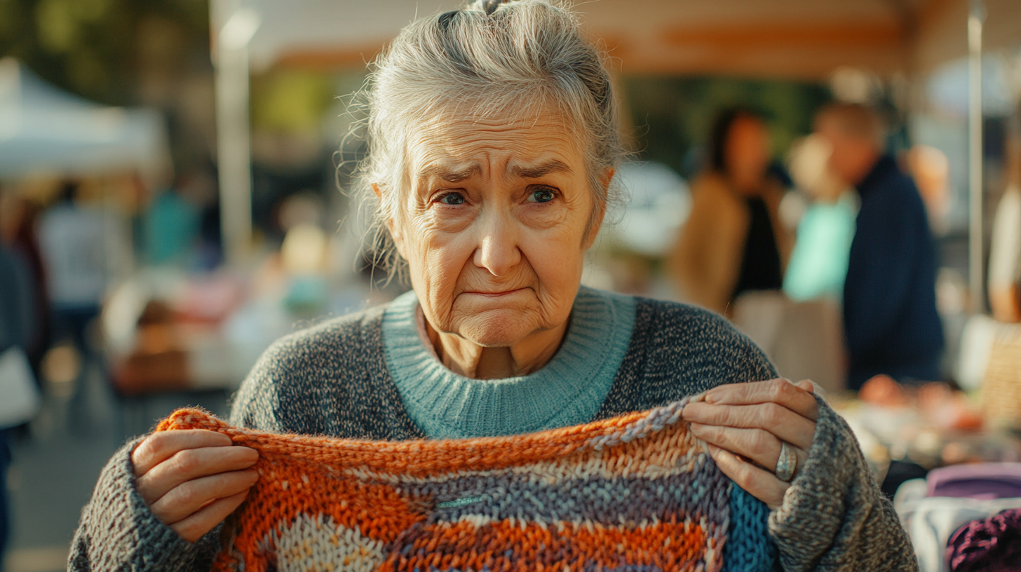 A sad old lady with a knit sweater | Source: Midjourney