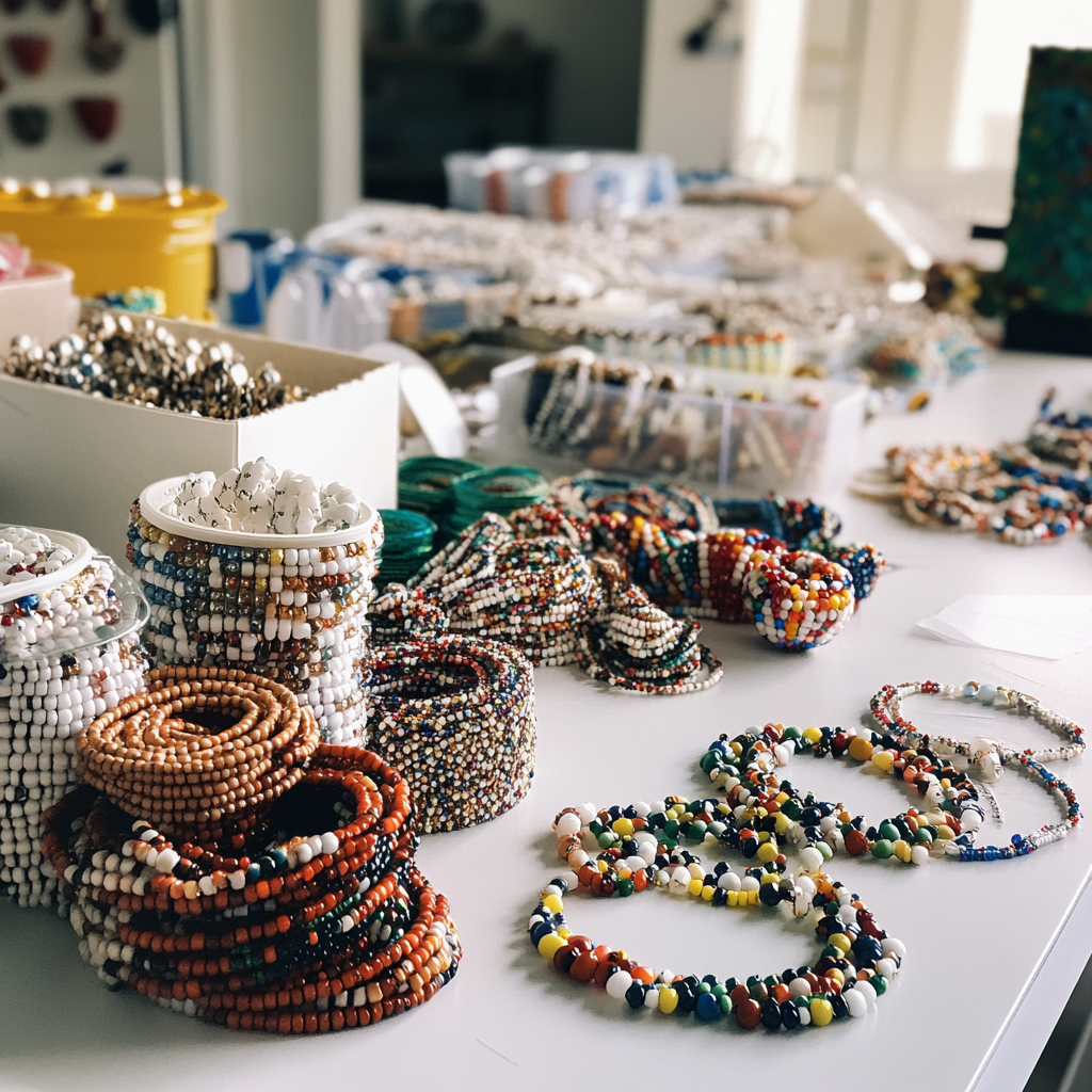 Beaded jewelry on a table | Source: Midjourney
