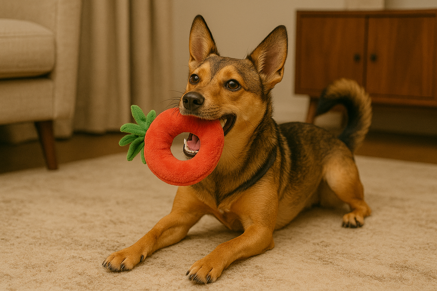 A happy dog playing with a toy | Source: DALL-E
