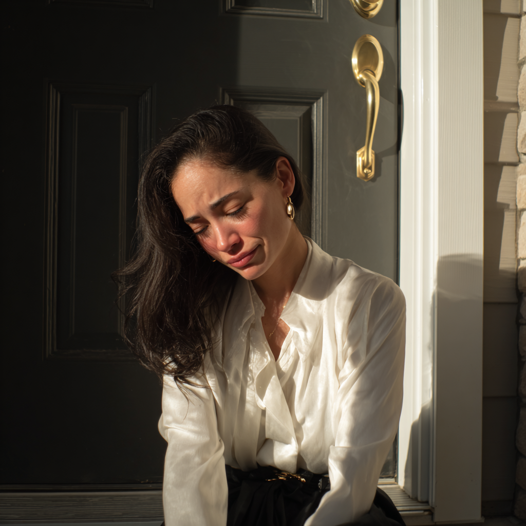 An upset woman kneeling on the ground | Source: Midjourney