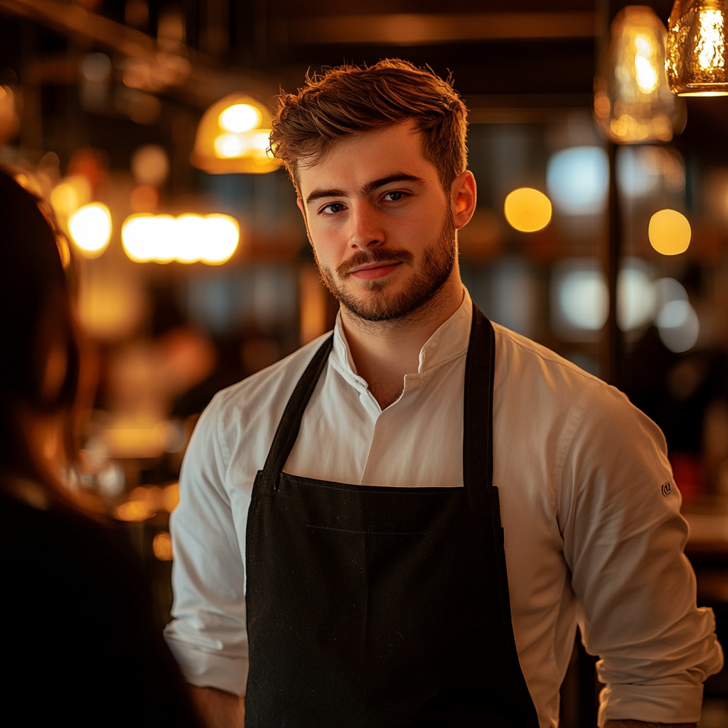 A waiter looks calm and composed while standing in a restaurant | Source: Midjourney