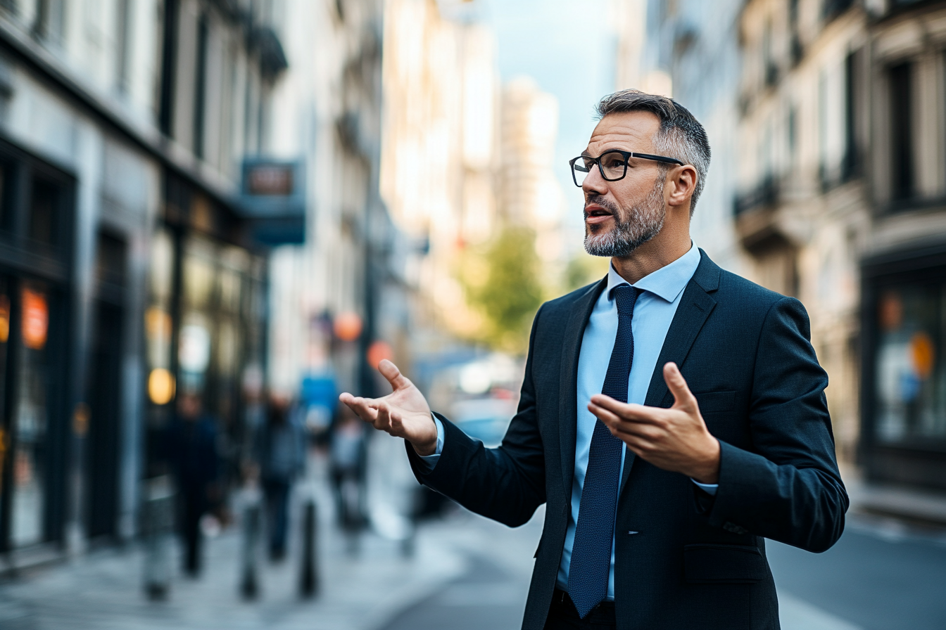 A businessman speaking to someone on a street corner | Source: Midjourney