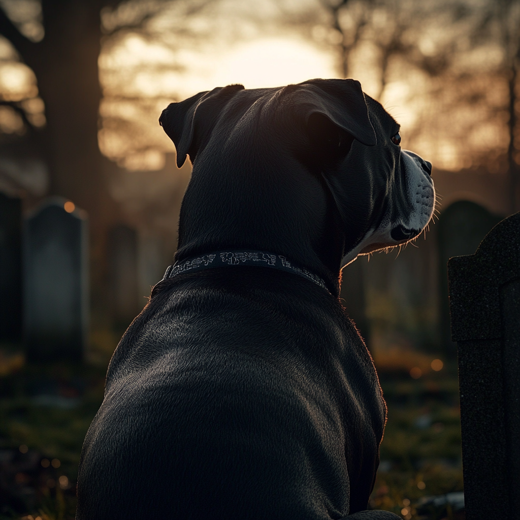 A grieving Pitbull sitting in a cemetery | Source: Midjourney