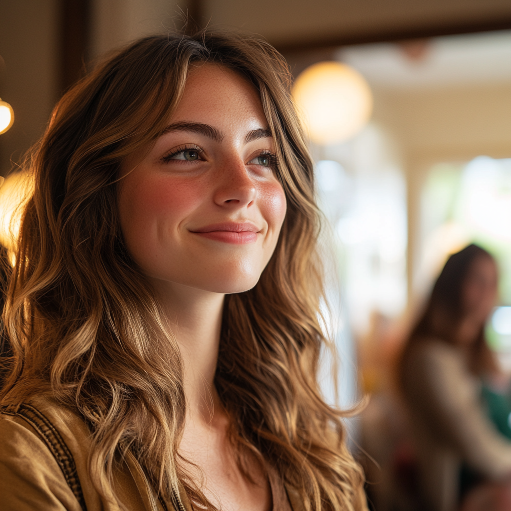 A woman forces a smile while looking at someone | Source: Midjourney