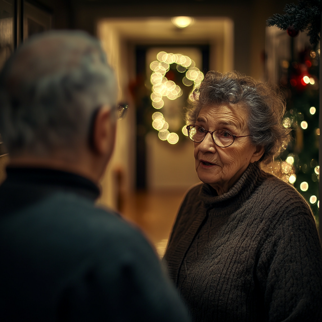 A sweet elderly woman talking to a man | Source: Midjourney