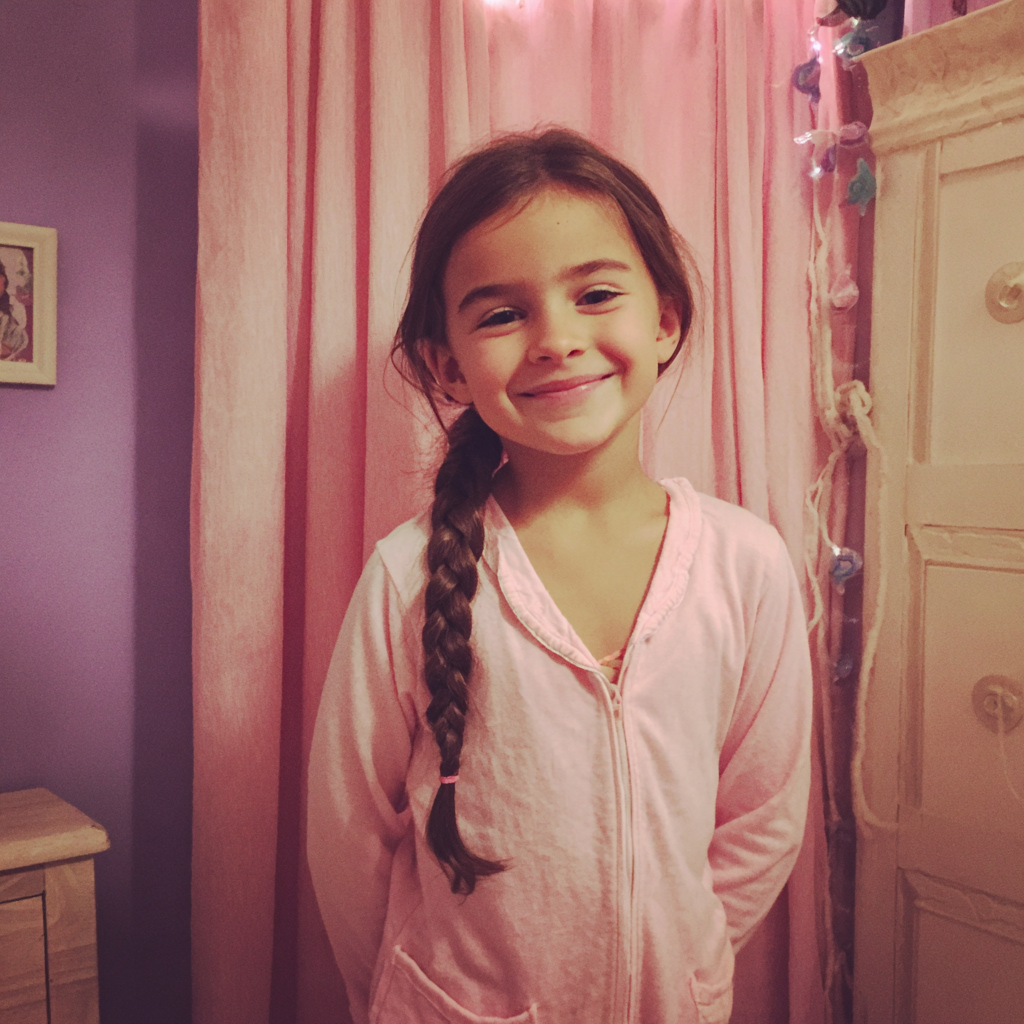 A smiling little girl wearing her pajamas | Source: Midjourney