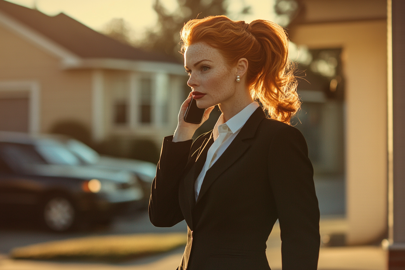 A woman in her 40s in work clothes holding a phone to her ear and walking through the street, looking serious | Source: Midjourney