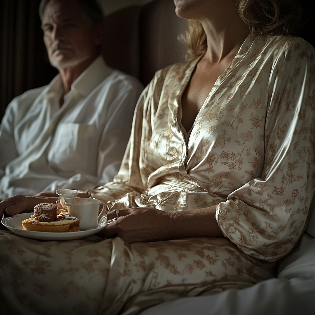 A couple sitting in a hotel room | Source: Midjourney