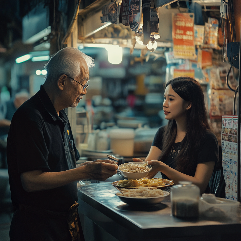 An elderly man at his noodle shop serving a young woman | Source: Midjourney