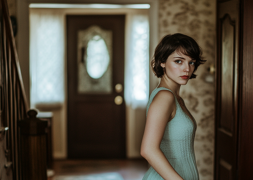 A woman standing in an entrance hallway | Source: Midjourney