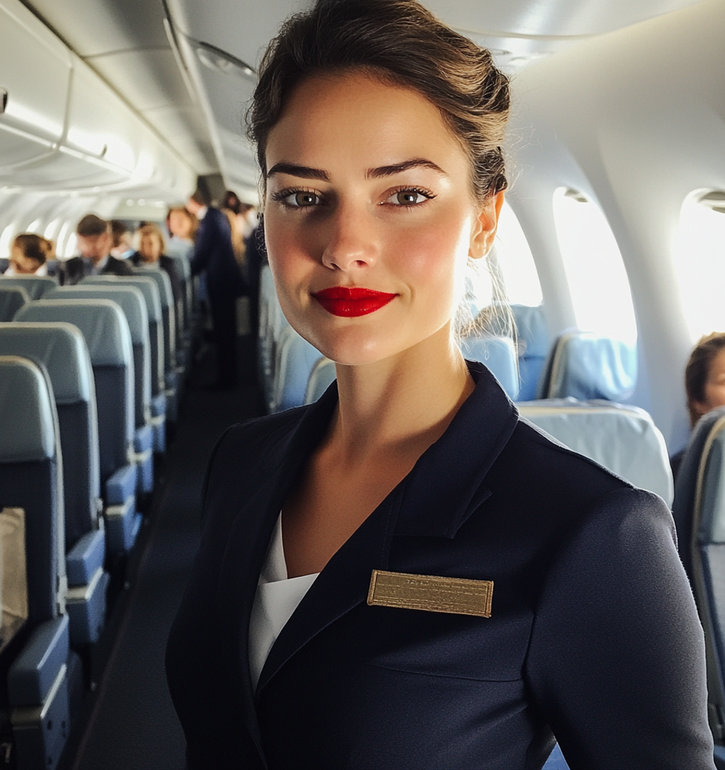Flight Attendant Woke Me Up & Told Me to Check My Husband's Bag While He Was Away — I Never Expected What I Found 3 A smiling flight attendant | Source: Midjourney