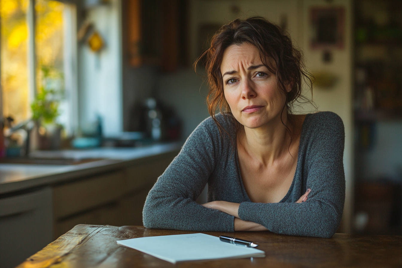 A frowning woman sitting at a kitchen table with documents and a pen | Source: Midjourney