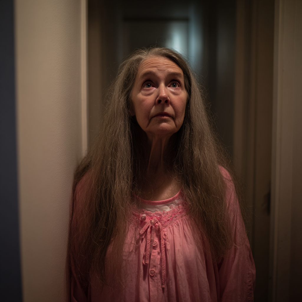 An upset older woman standing in a hallway wearing a pink nightgown | Source: Midjourney