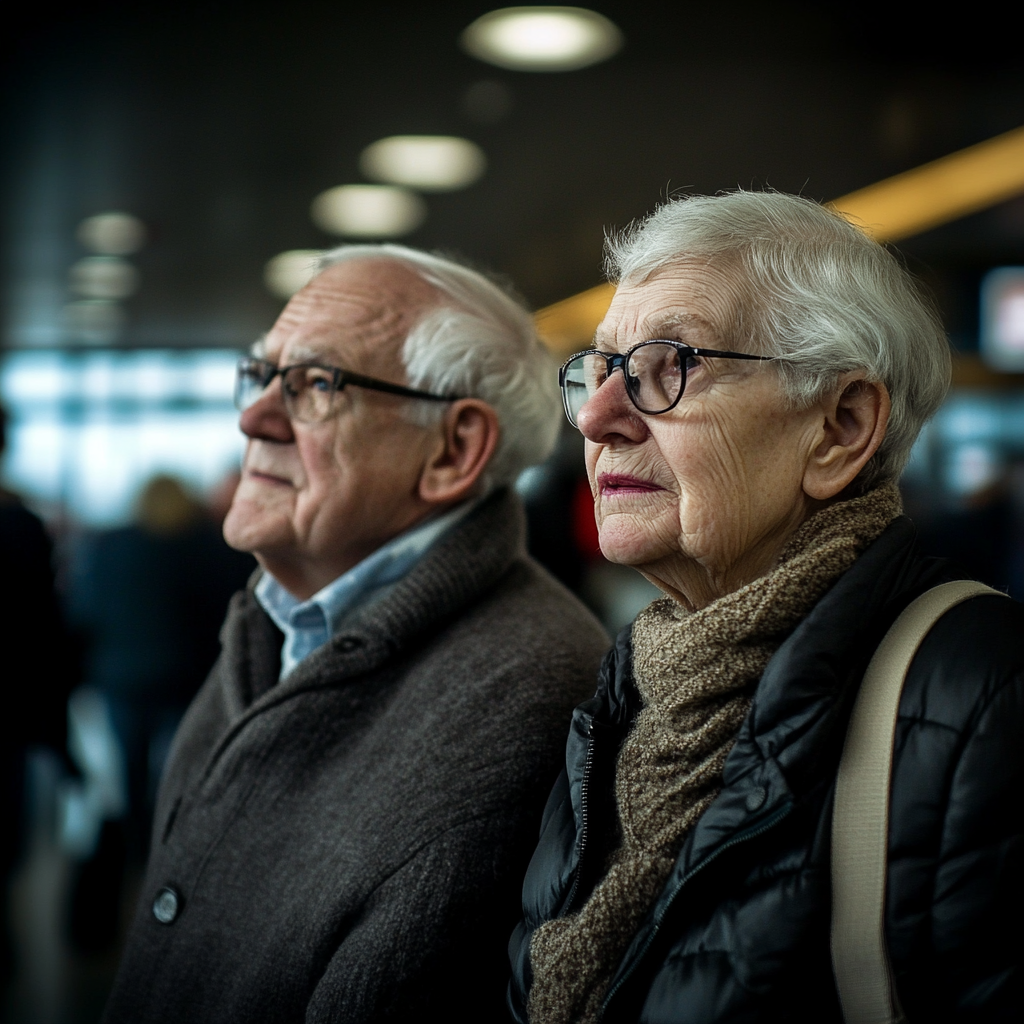 An elderly couple in an airport | Source: Midjourney