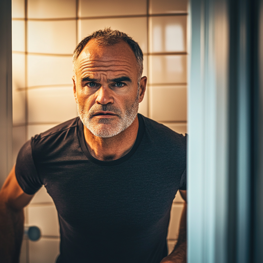 A man breathing heavily and sweating during a bathroom workout session | Source: Midjourney