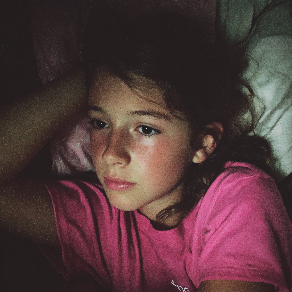An emotional little girl lying in bed | Source: Midjourney
