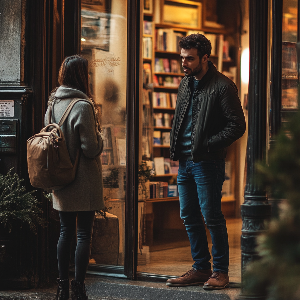 Um homem de aparência malvada em traje casual elegante conversando com uma mulher do lado de fora de uma livraria | Fonte: Midjourney