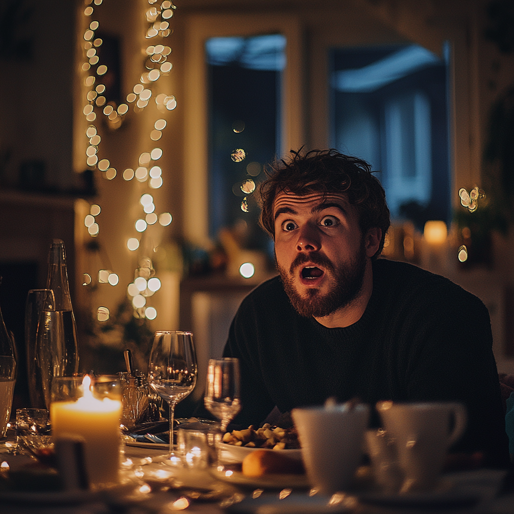 Un homme choqué à table | Source : Midjourney