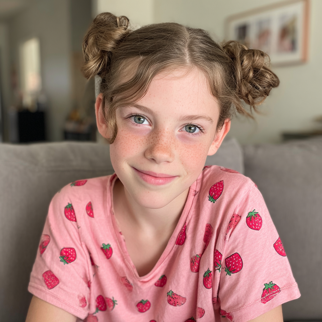 A smiling little girl sitting on a couch | Source: Midjourney