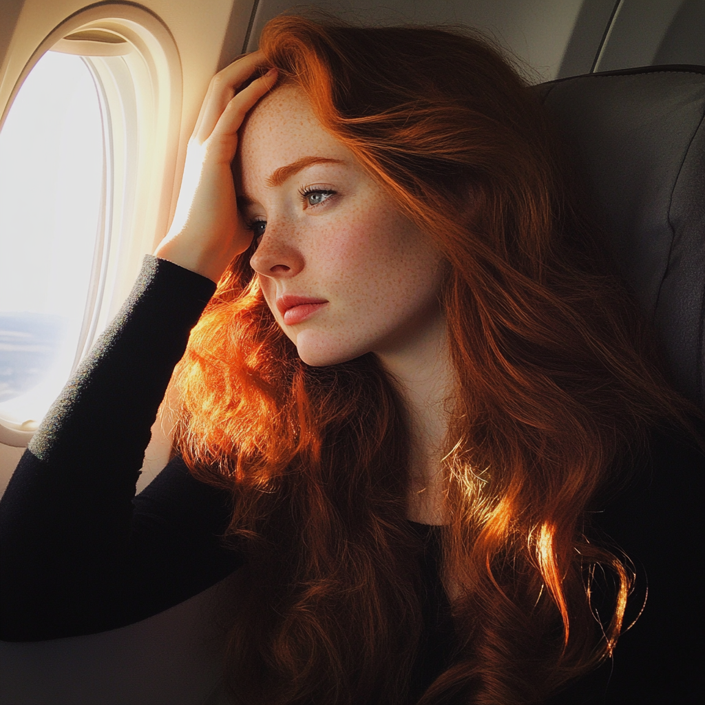 A woman sitting in an airplane | Source: Midjourney