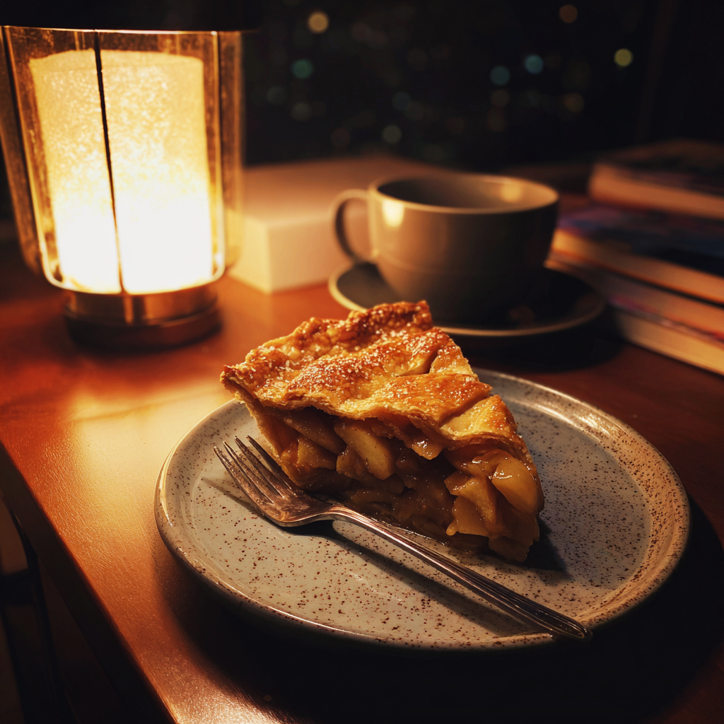A slice of apple pie on a table | Source: Midjourney