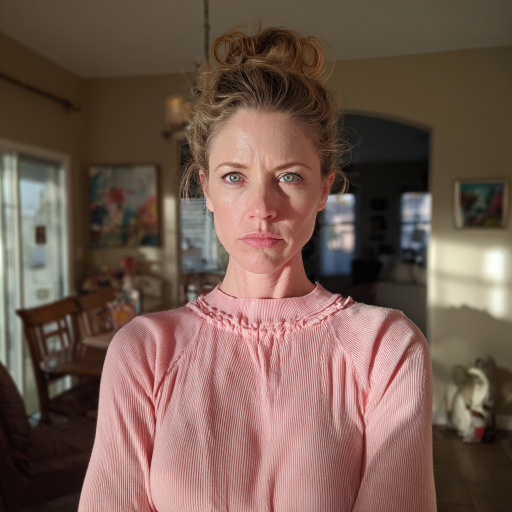 An annoyed woman with her hair in a bun | Source: Midjourney