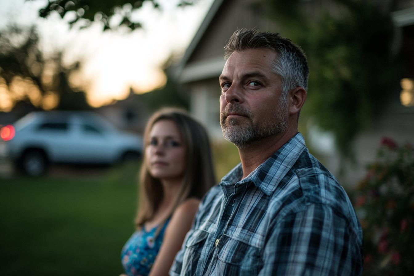 A couple in a front yard | Source: Midjourney