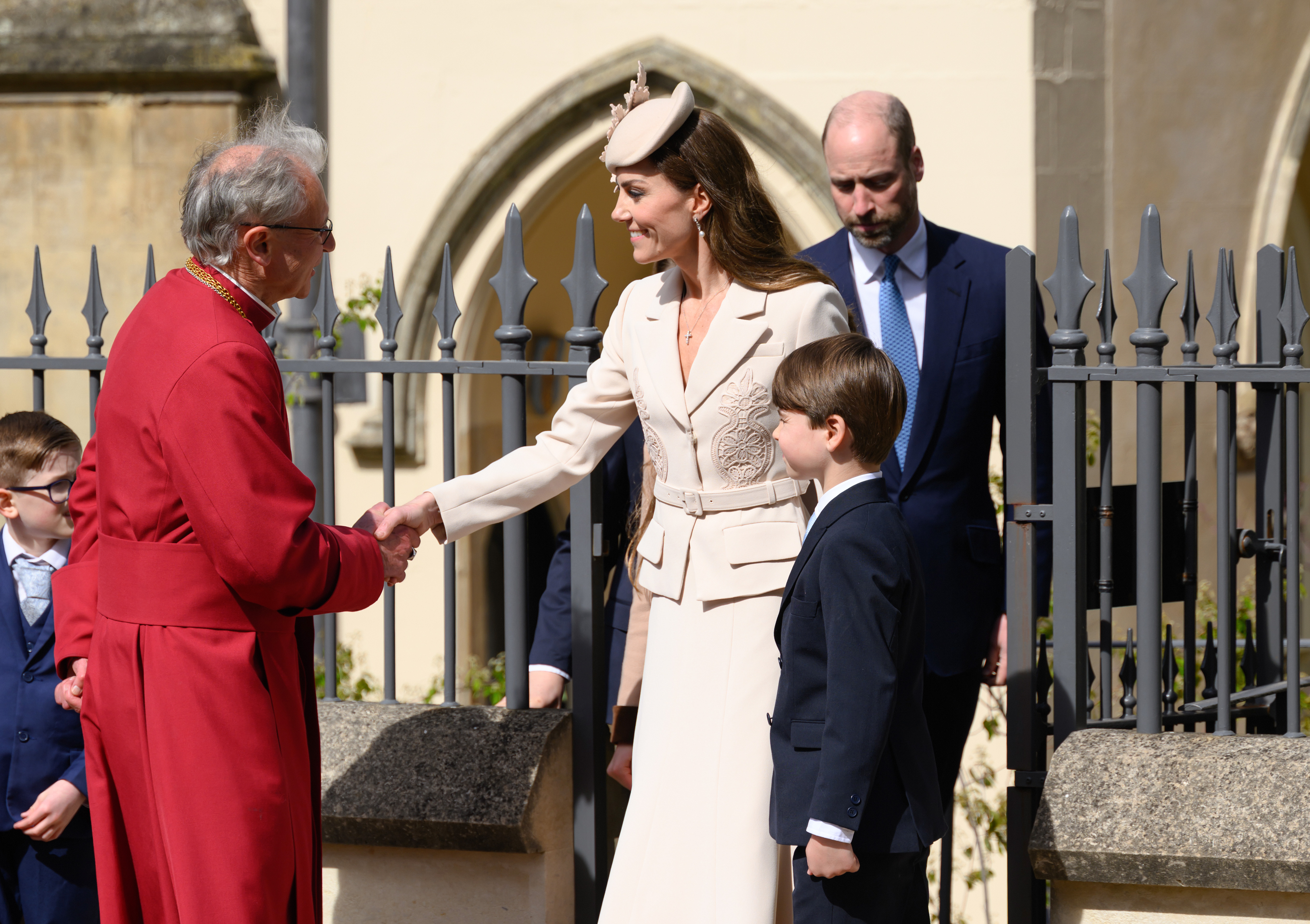 Catherine, Princess of Wales, Prince Louis of Wales and Prince William, Prince of Wales depart after attending the 2026 Easter Matins Service at St George's Chapel on April 05, 2026 in Windsor, England. | Source: Getty Images