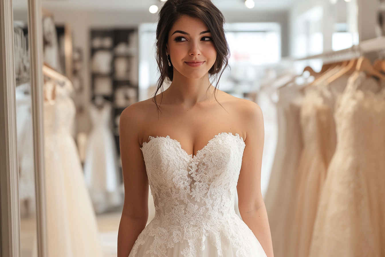 A woman trying on a wedding dress in a store | Source: Midjourney