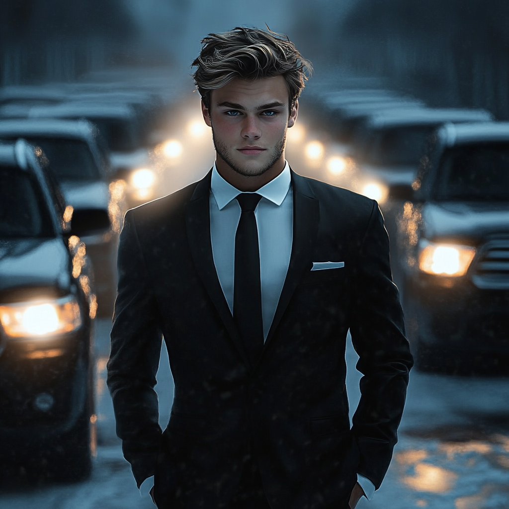 A young man standing against the backdrop of SUVs | Source: Midjourney