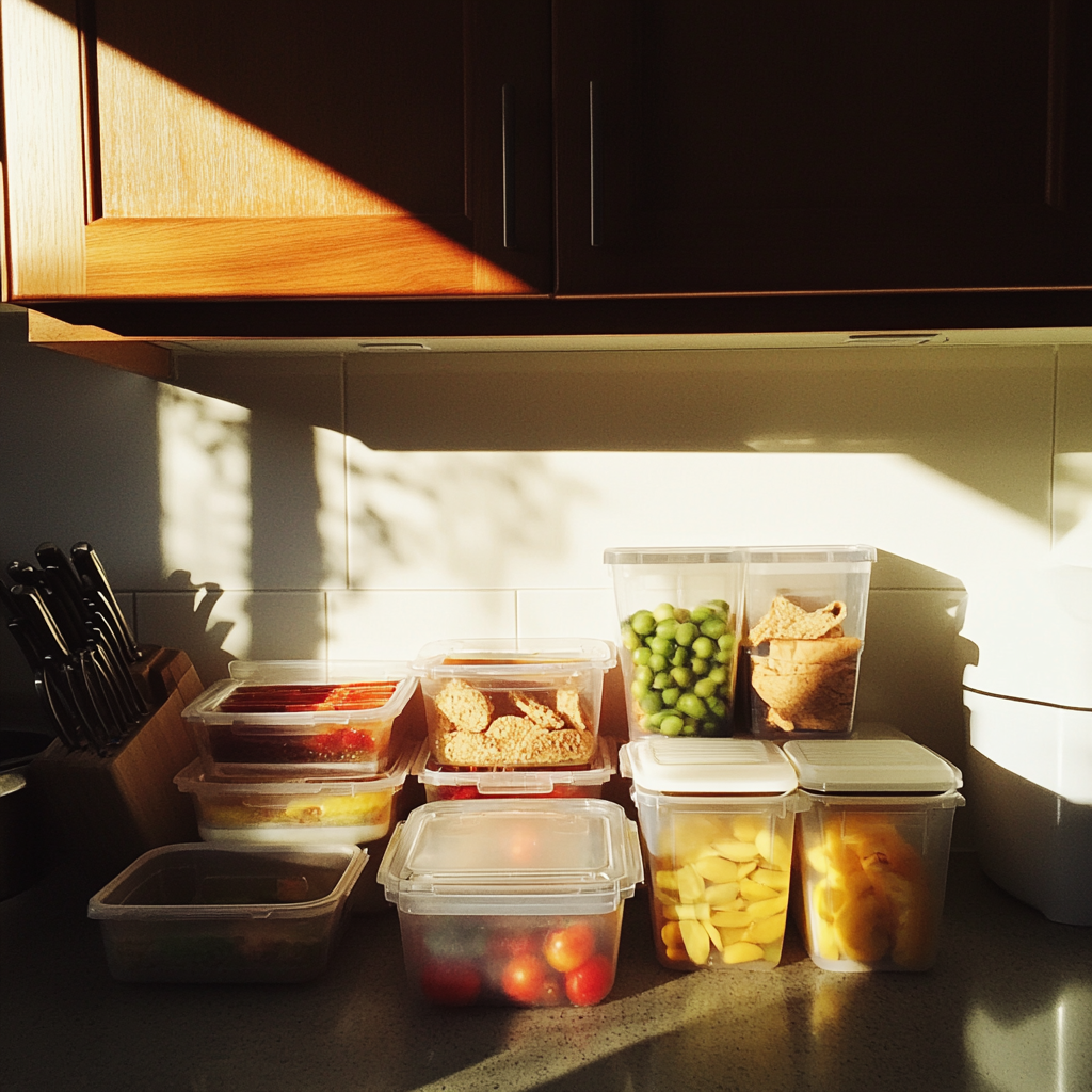 Containers of food on a kitchen counter | Source: Midjourney