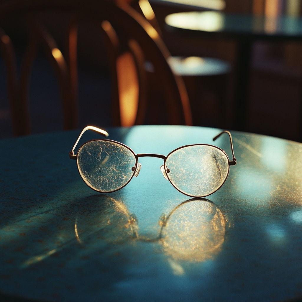 A pair of glasses on a table | Source: Midjourney