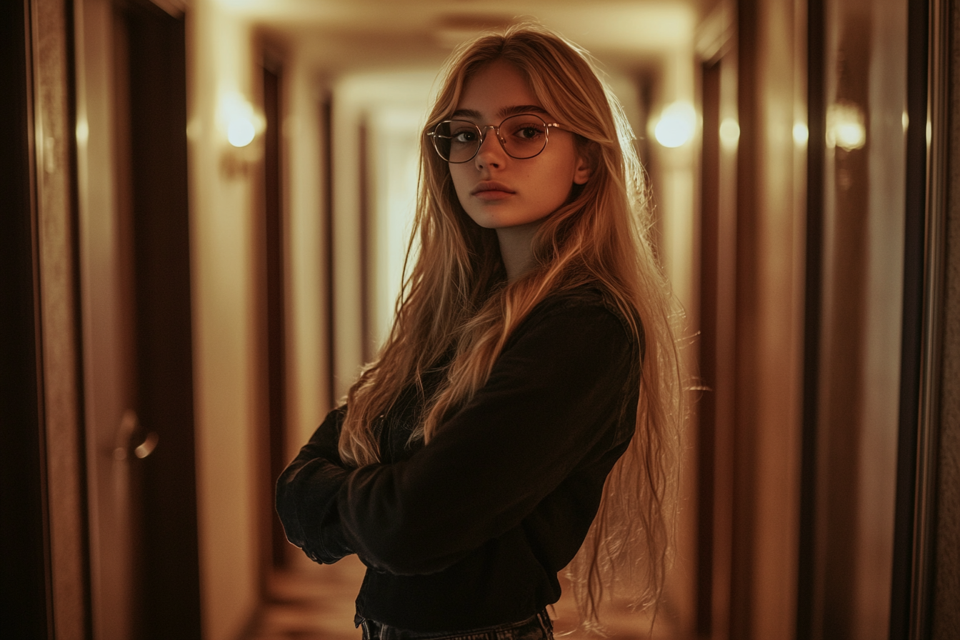 A teen girl with arms crossed in a hallway | Source: Midjourney