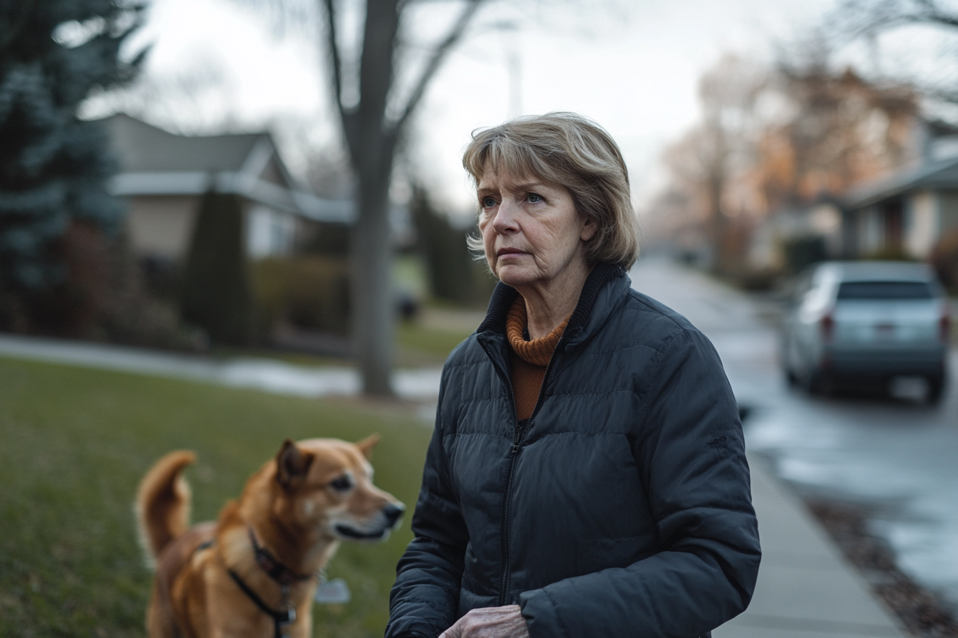 A woman walking her dog in the suburbs | Source: Midjourney