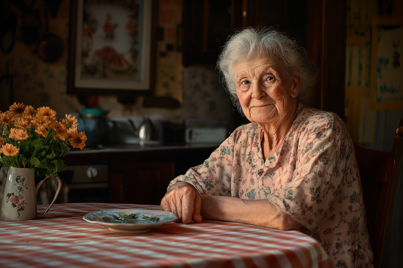 An elderly woman seated at a kitchen table | Source: Midjourney