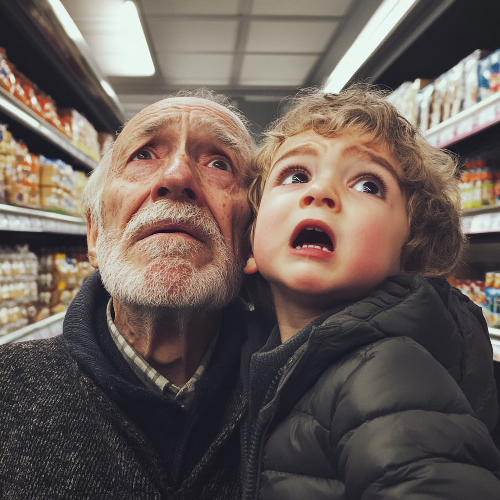 An old man and his grandson in a supermarket | Source: Midjourney