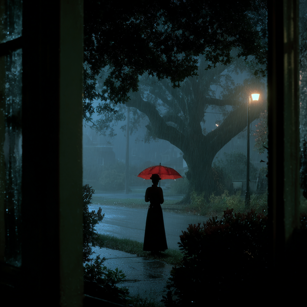 A woman holding a red umbrella and standing alone on a rainy night | Source: Midjourney