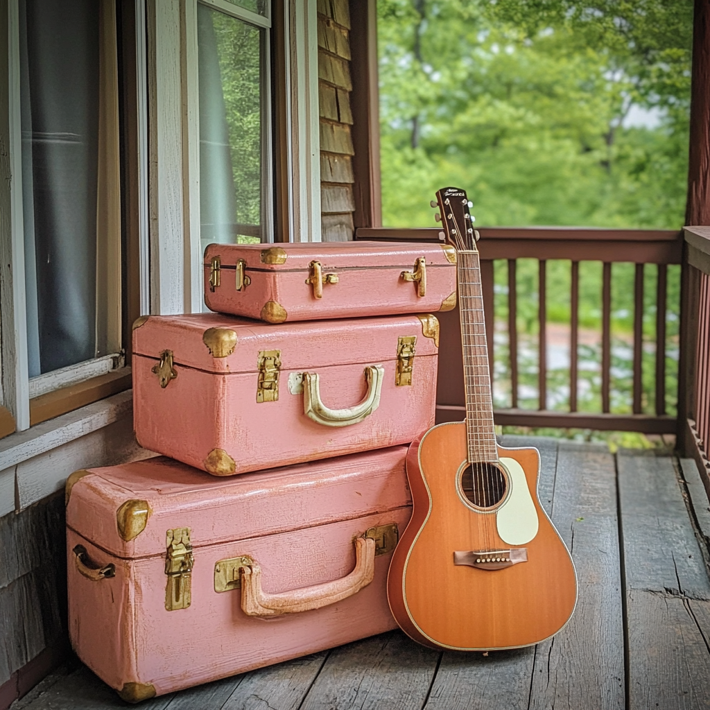 Valises prêtes et guitare sur un porche | Source : Midjourney