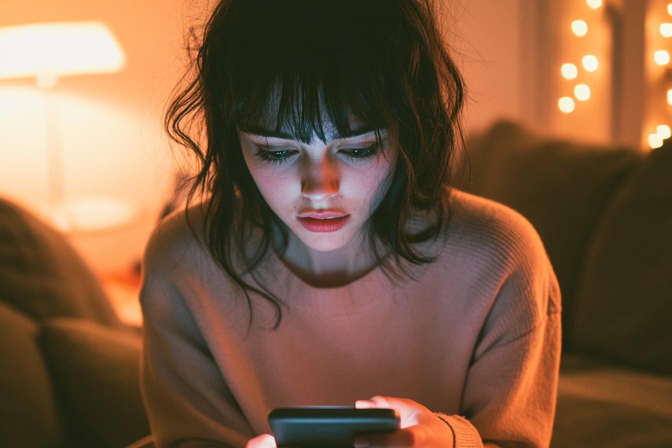 Une femme émue tapant sur son téléphone | Source : Midjourney