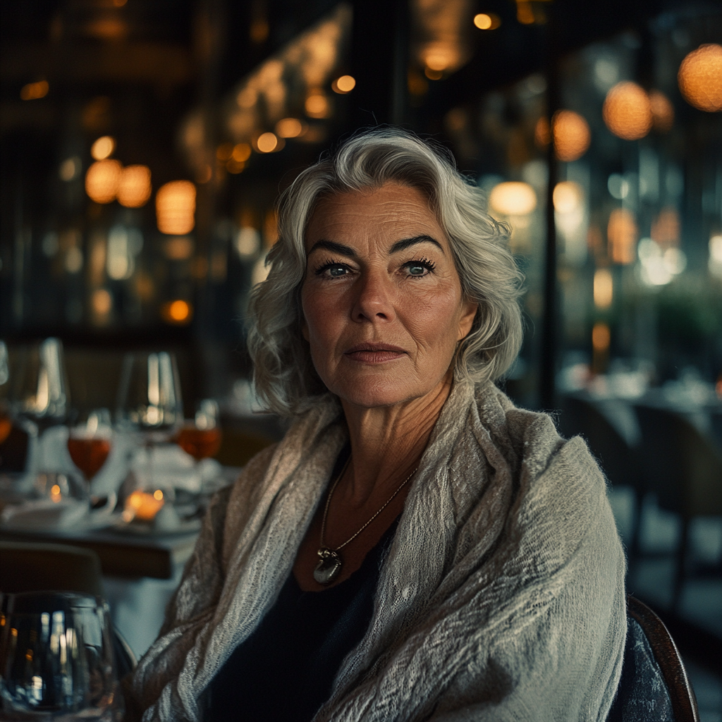 A woman with a serious expression at a restaurant | Source: Midjourney