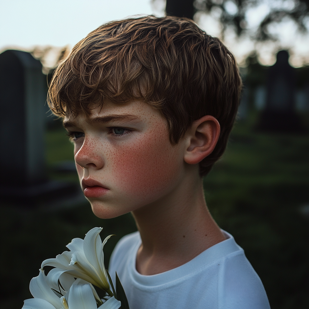 A grieving boy holding a bouquet of white lilies in a cemetery | Source: Midjourney