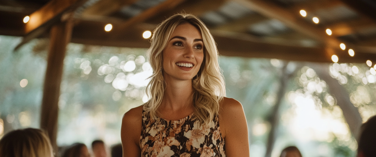 Uma mulher falando durante uma recepção de casamento | Fonte: Midjourney