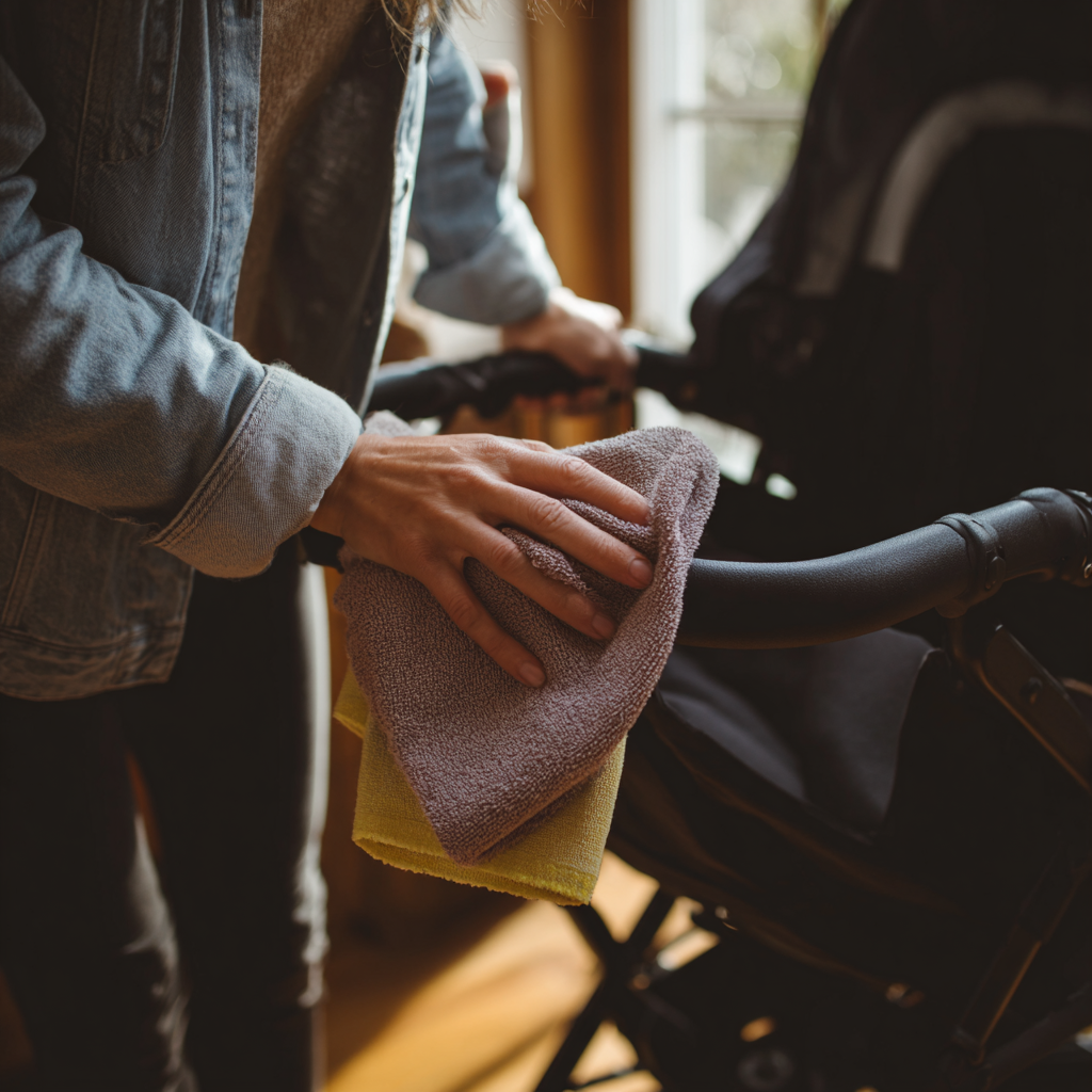 A close-up shot of a woman cleaning a baby stroller | Source: Midjourney
