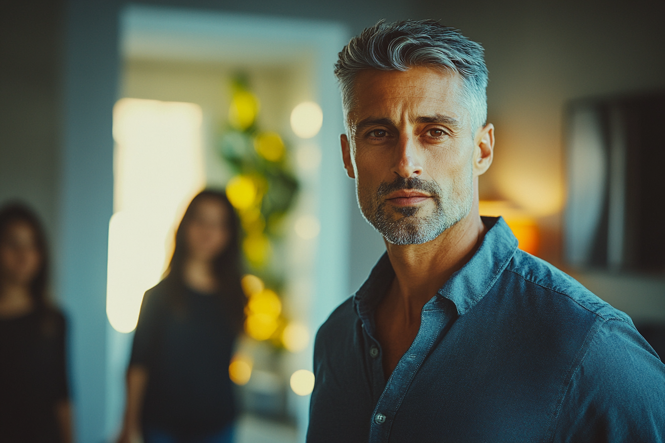 A pensive man in the foreground, with two teenage girls in the background | Source: Midjourney