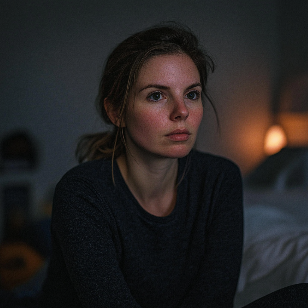 Une femme sérieuse assise dans la chambre de son fils | Source : Midjourney