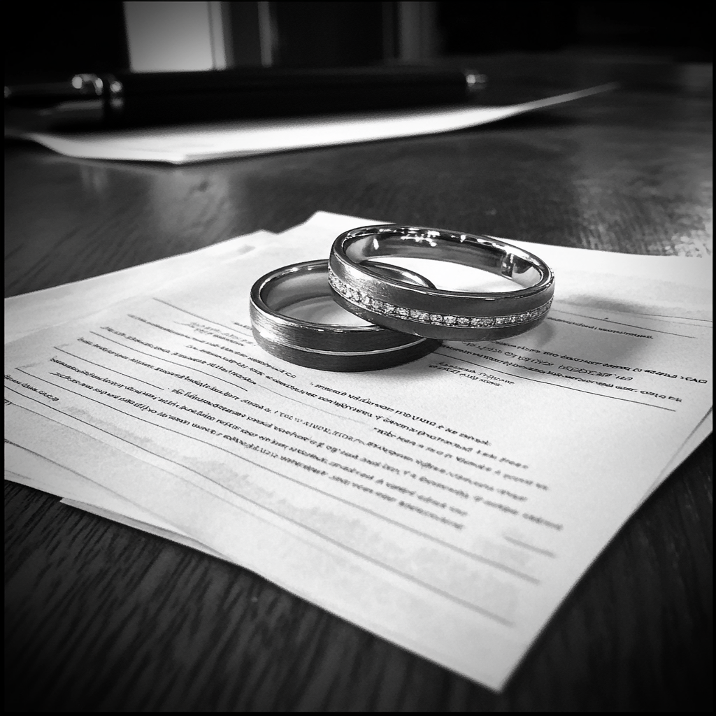 Divorce paperwork and rings | Source: Midjourney