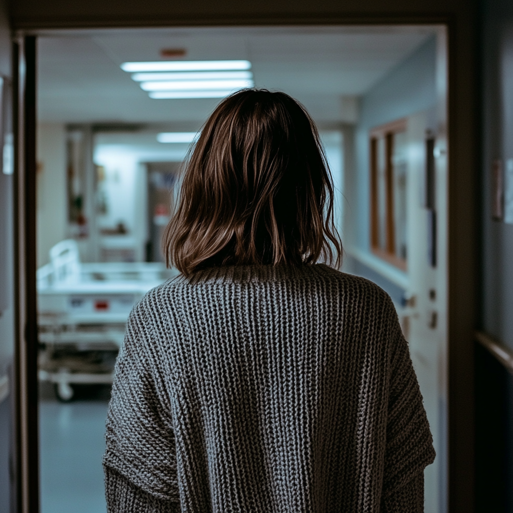 A woman leaving a hospital room | Source: Midjourney