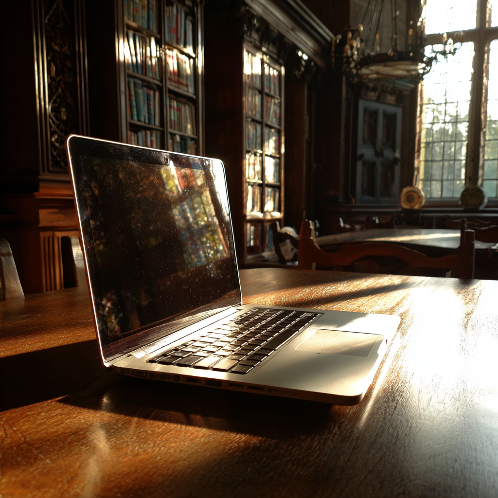 A laptop on a table in a library | Source: Midjourney