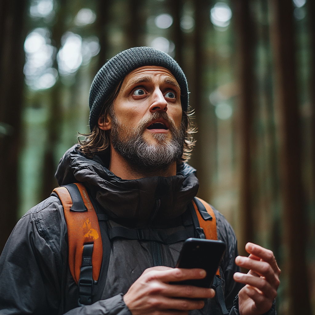 A shocked man in a forest | Source: Midjourney