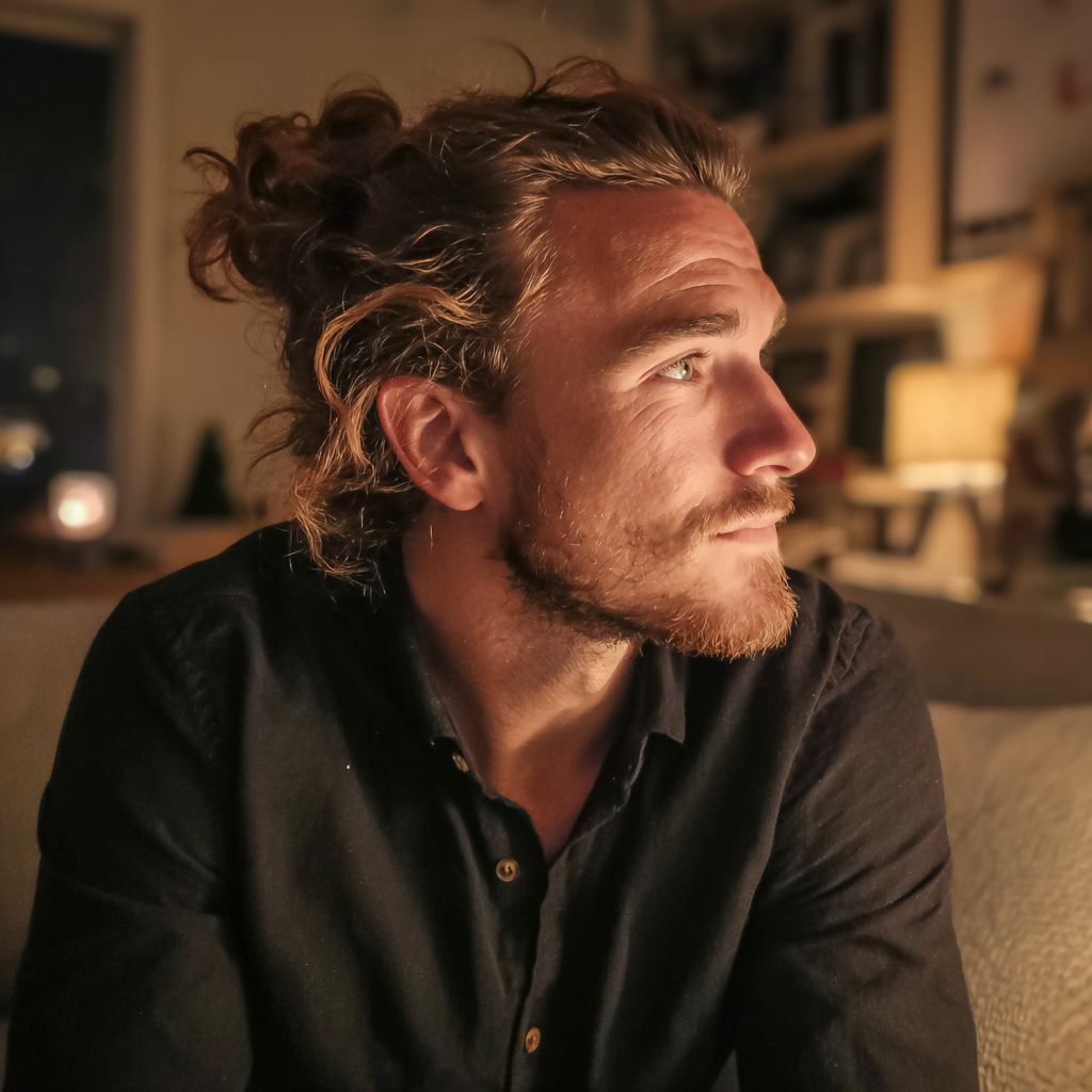 A side view of a man sitting in a living room | Source: Midjourney